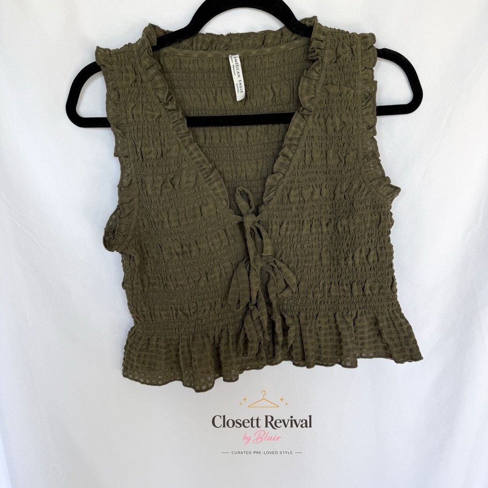 American Eagle Olive Green Smocked Ruffle Tie-Front Crop Too Boho Size Small